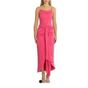 Elle Zeitoune Women's Pink Punch Poly Gathered Waist Midi Patrice Draped Satin L